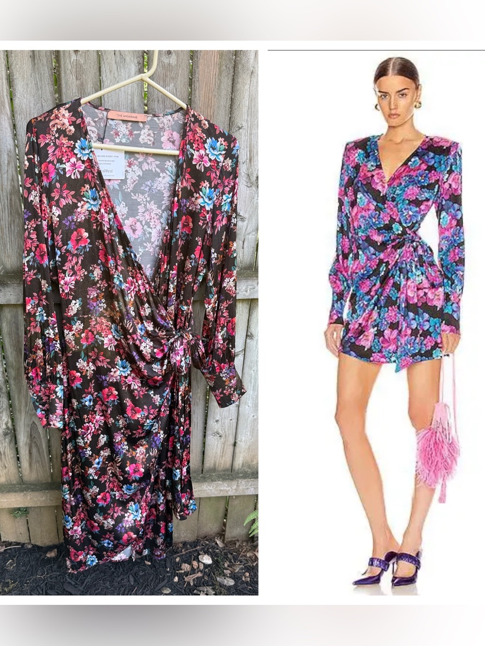 The Andamane Carly Midi Wrap Dress floral shimmer V-neck long sleeve Italy M